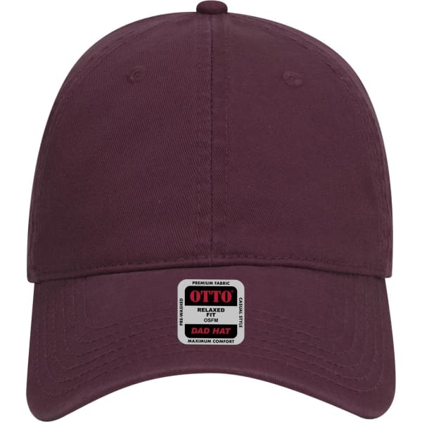 A burgundy six-panel low-profile dad cap with a logo tag on the front.