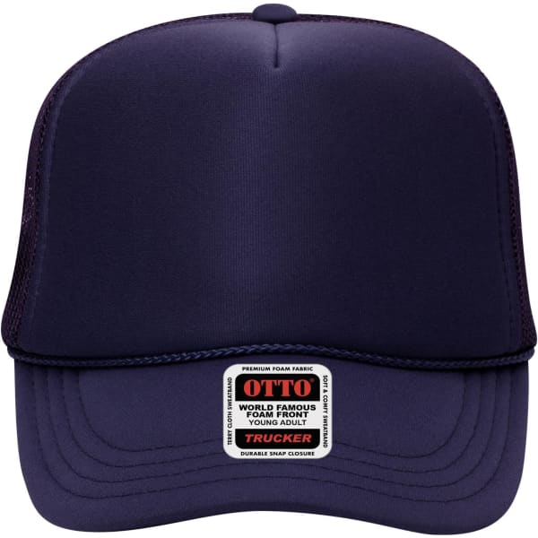 A 5 Panel High Crown Trucker Cap in dark navy with a foam front and mesh sides, featuring a logo on the front.