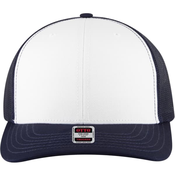 A mid-profile trucker cap featuring a white front and navy mesh sides, with a logo on the front.