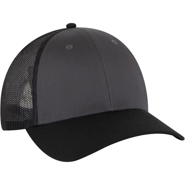 A 6-panel low profile trucker cap in black and grey, featuring a mesh back and a curved brim.