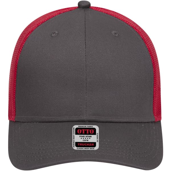 A grey and red 6-panel low profile trucker cap with a mesh back and a logo on the front.