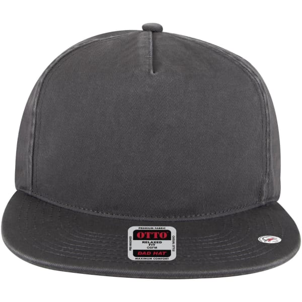 A grey 5 panel low profile style dad cap featuring a straight brim and a logo.
