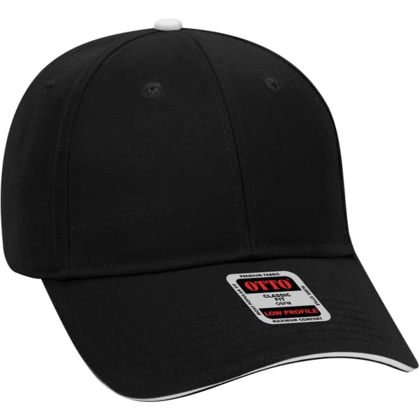 A black low profile baseball cap featuring a white button on top and a logo on the front.