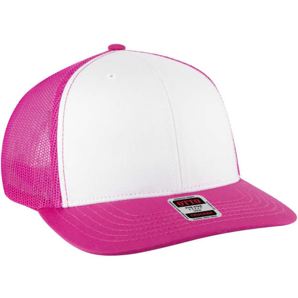 A pink and white 6 panel mid profile trucker cap with a mesh back and a logo on the front.