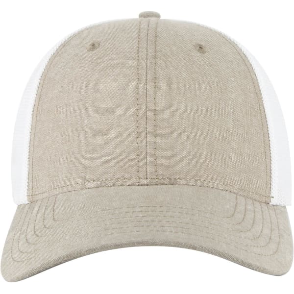 A light brown baseball cap with a white mesh back and a curved brim. Features a logo on the front.