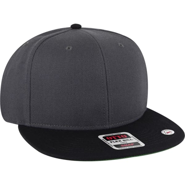 A grey mid-profile snapback cap with a black brim and an under-visor, featuring a logo on the side.