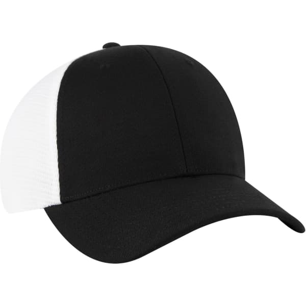 A black and white Flex Fit 6 Panel Low Profile Trucker Cap featuring a logo on the front.