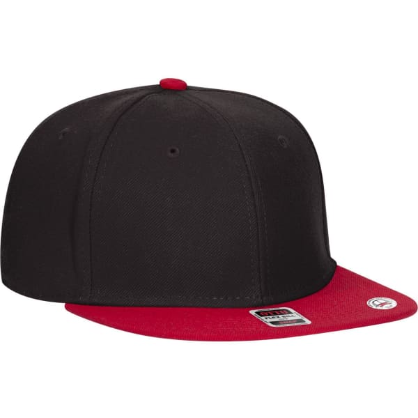 A six-panel mid-profile snapback cap featuring a black body and a red visor, with a logo on the side.