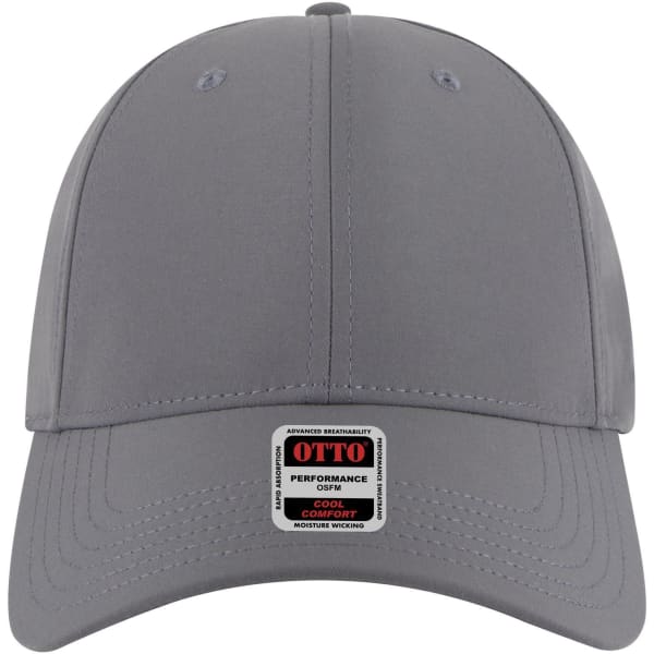 A grey 6 panel low profile baseball cap featuring a logo on the front and a comfortable fit.