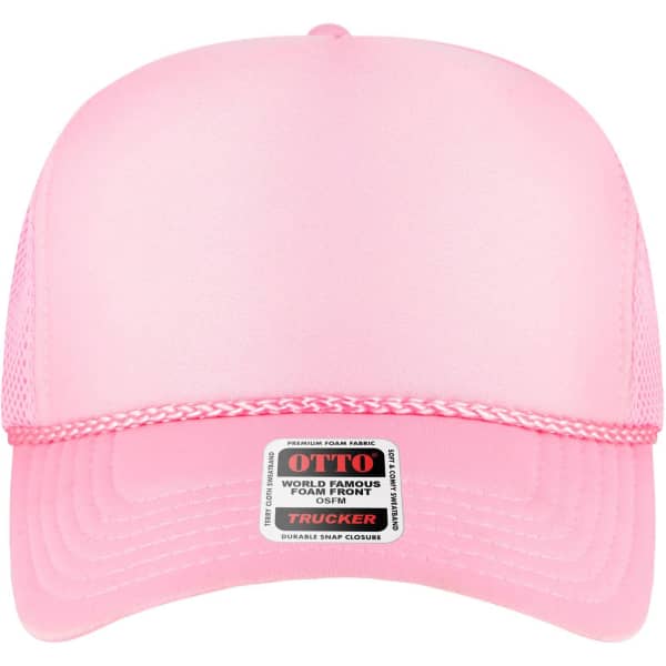 A pink 5-panel high crown trucker hat with a mesh back and a logo on the front.