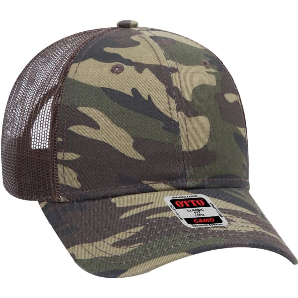 A camo 6 panel low profile trucker cap in green and brown tones with a mesh back and branding.