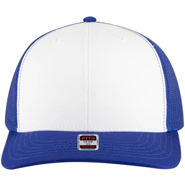 A blue and white 6 panel mid profile trucker cap with a mesh back and a logo on the front.