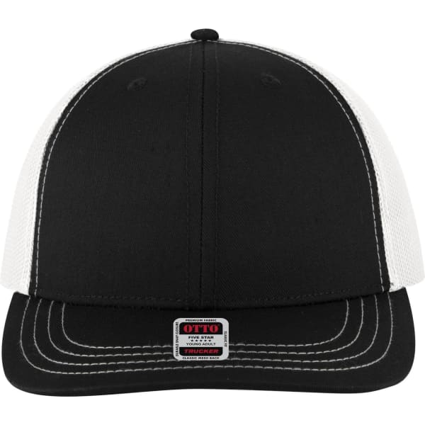 A black and white 6 panel mid-profile trucker cap featuring an adjustable snapback closure and a logo label.