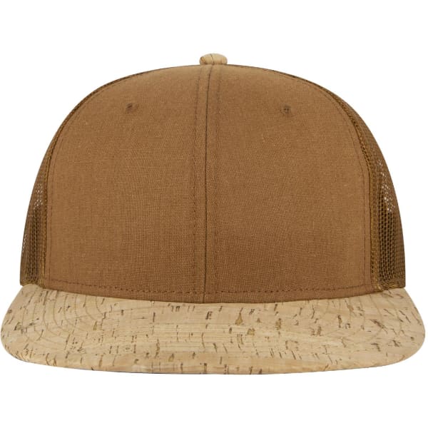 A mid-profile trucker cap in brown with a cork-brimmed front and mesh panels at the back, featuring a logo.