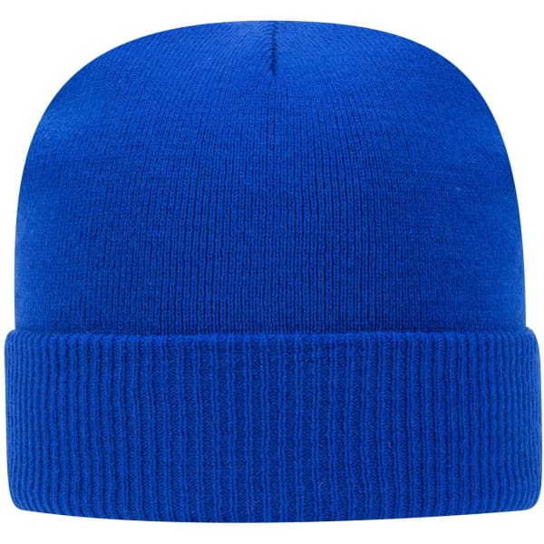 A blue knitted beanie with a cuffed rim and a snug fit, featuring a logo.