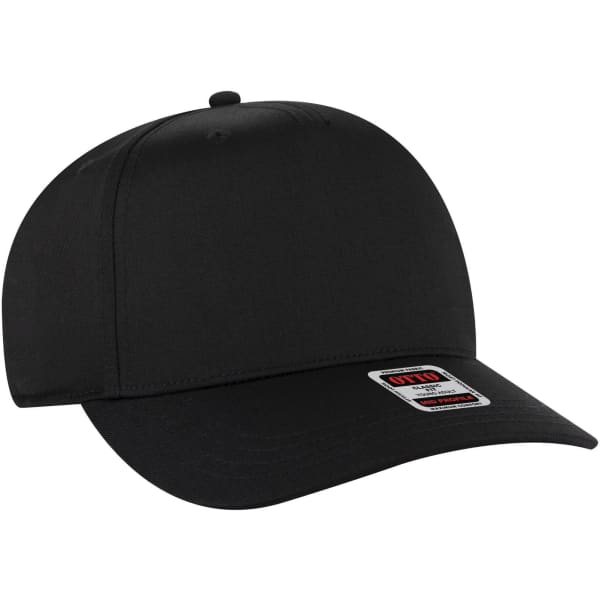 A black 5 panel mid crown baseball cap featuring a branding label on the front.