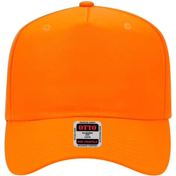 An orange 5 panel mid crown baseball cap featuring a logo and a smooth fabric surface.