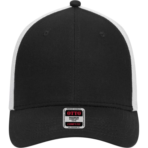 A black and white low profile baseball cap with a six-panel design and a logo on the front.