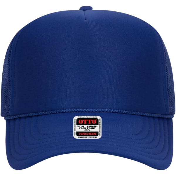 A high crown trucker cap in navy blue, featuring mesh panels and a branding logo on the front.