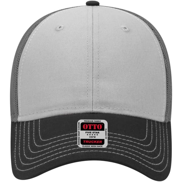 A grey and white 6 panel low profile trucker cap featuring a branded patch on the front.