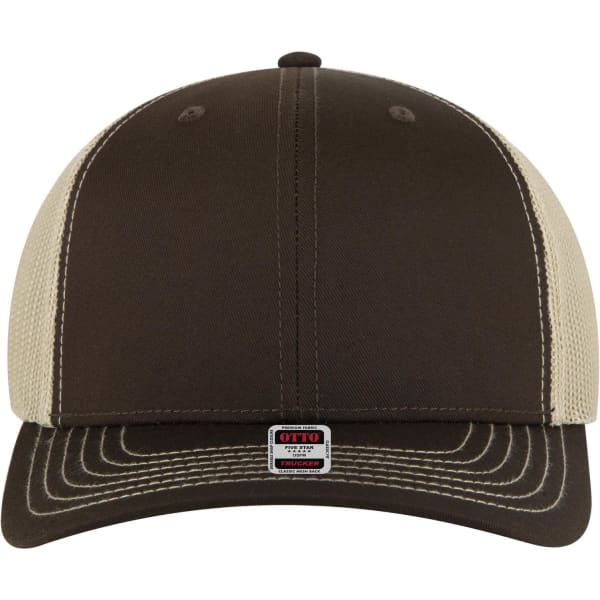 A mid-profile trucker cap featuring a brown fabric front and beige mesh sides, with a logo on the front.