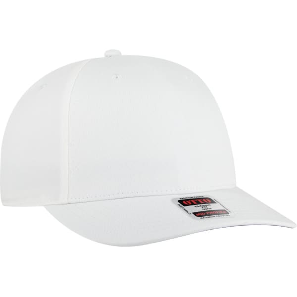 A white seamless six-panel mid-profile baseball cap with a structured design and a logo on the front.