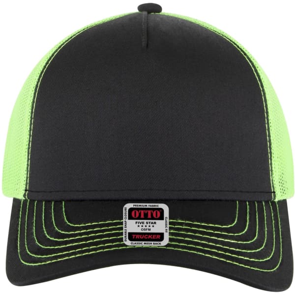 A black and neon green 5 Panel Low Profile Trucker Cap featuring a structured design and a logo.