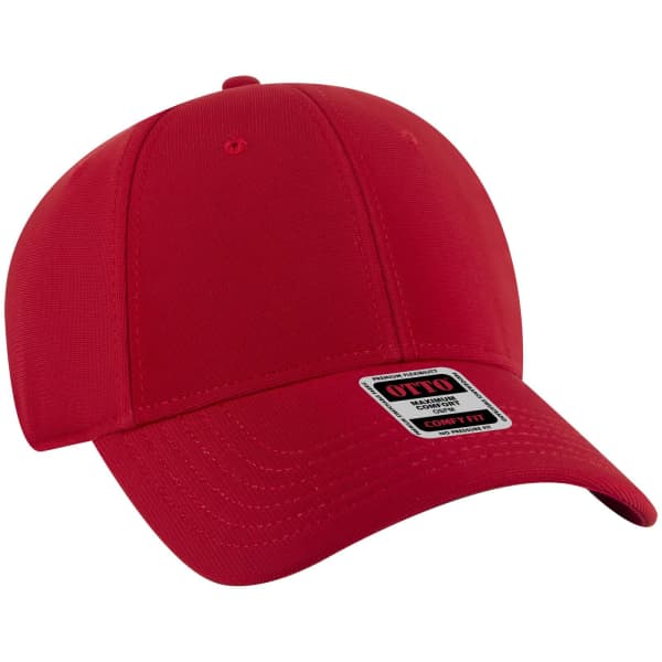 A red low-profile baseball cap with a six-panel structure and a logo on the front.