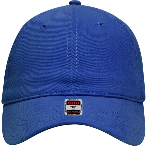 A blue 6-panel low-profile baseball dad cap with a logo on the front.
