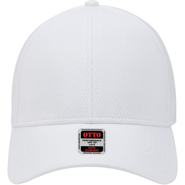 A white UPF 50+ 6-panel low profile baseball cap with a logo on the front.