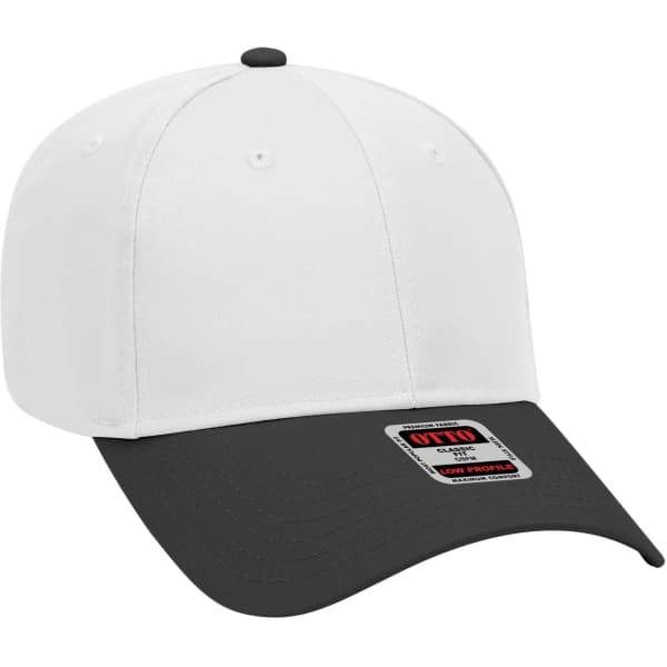 A low profile baseball cap in white and black, featuring a logo on the front. 