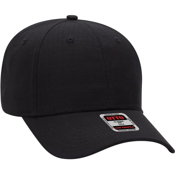 A black 6 panel low profile baseball cap with a branded label, featuring a structured design.