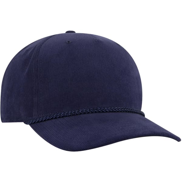 A navy 5-panel mid profile corduroy baseball cap with a braided band and a logo.