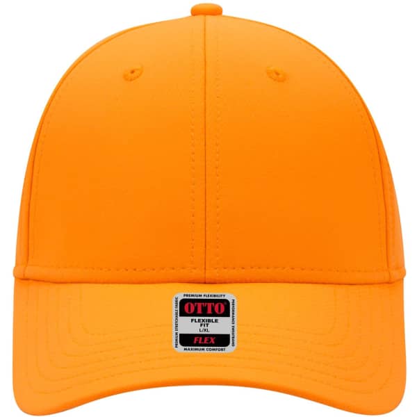 An orange UPF 50+ six-panel low-profile baseball cap with a branded label at the front.