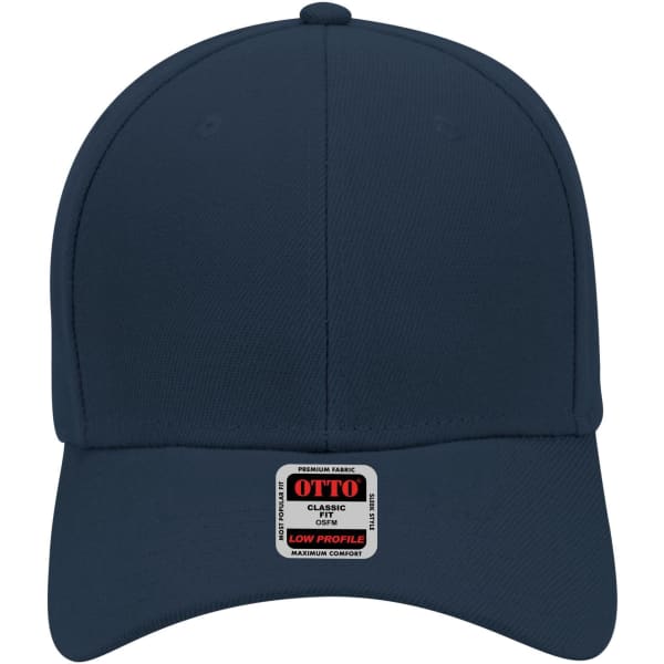 A navy 6-panel low profile baseball cap featuring a branded label on the front.