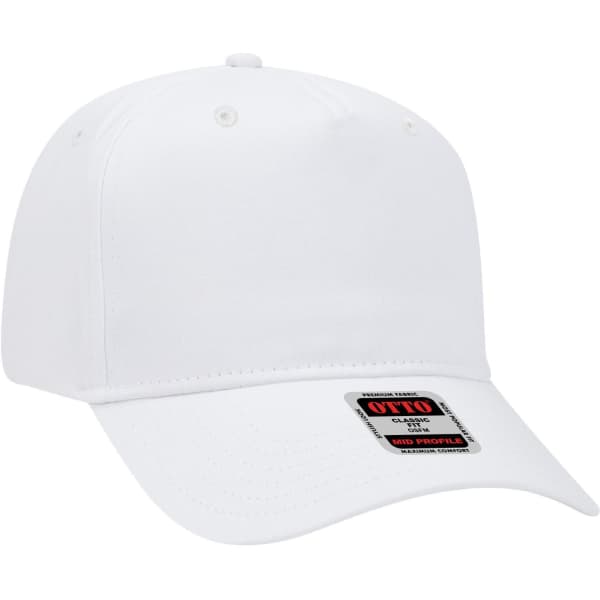 A white 5 panel mid profile baseball cap featuring a branding label on the side.