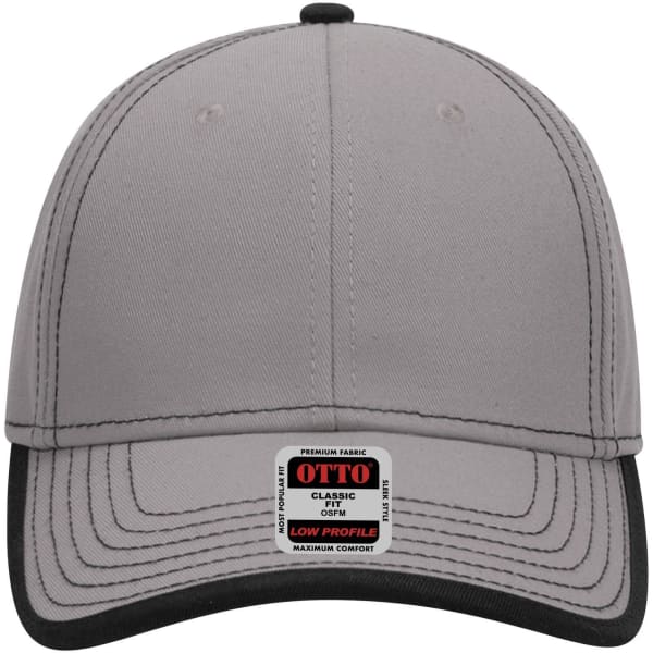 A grey 6-panel low profile baseball cap with a black brim and a logo on the front.