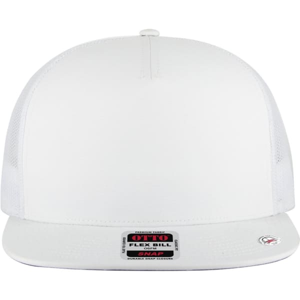 A white 5 Panel Pro Style Trucker Cap with a flat brim and mesh sides, featuring a logo on the front.