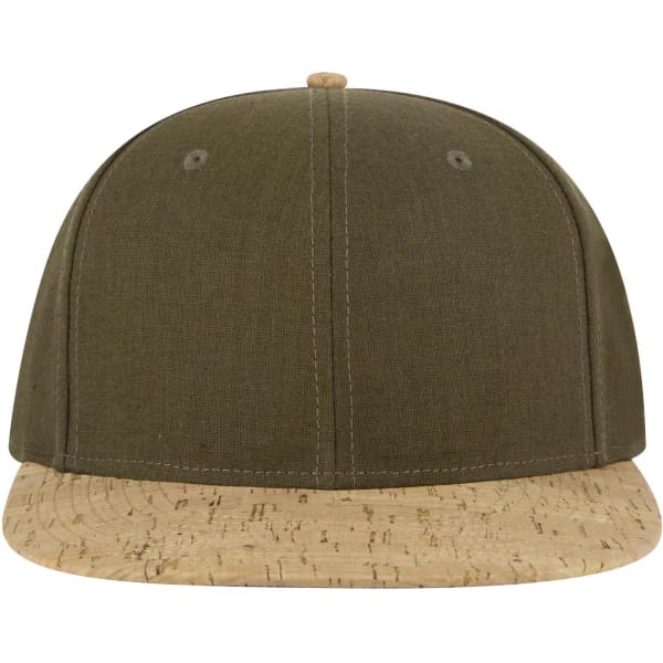 A mid-profile snapback cap featuring an olive green fabric top and a cork-patterned brim. It has a logo on the front.