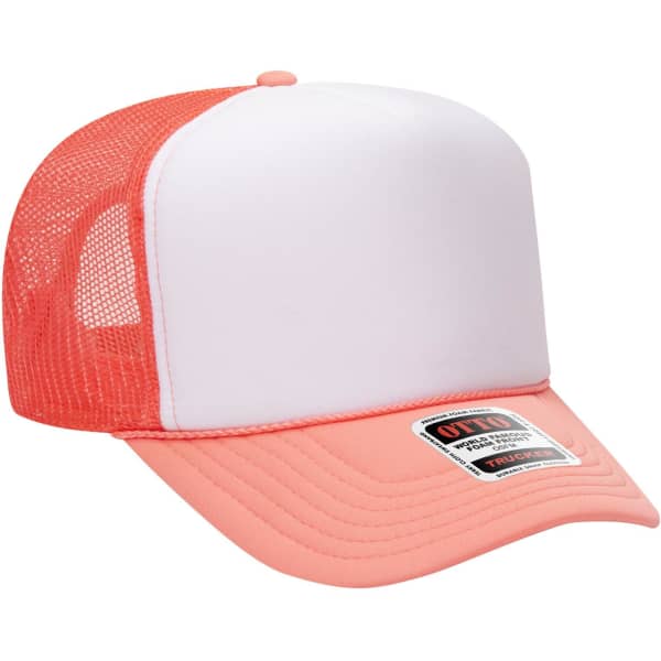 A 5-panel high crown trucker cap in white with coral mesh sides and a coral brim, featuring a logo on the front.