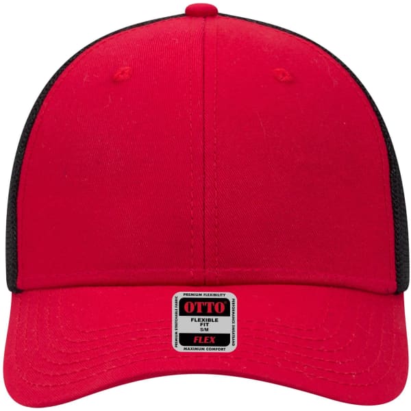 A red low-profile trucker cap with a black mesh back and a logo label on the front.