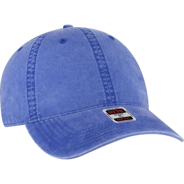 A blue 6 panel low profile dad cap with a curved brim and a branding label.