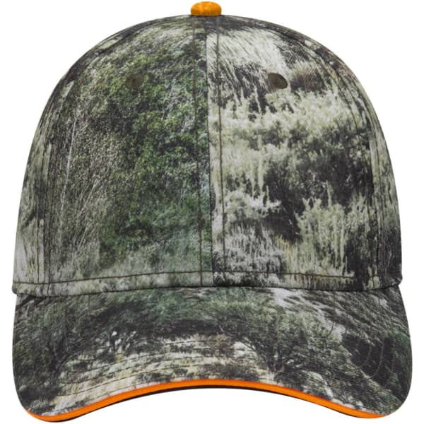 Camouflage baseball cap in shades of green and brown, featuring an orange underside and a logo.