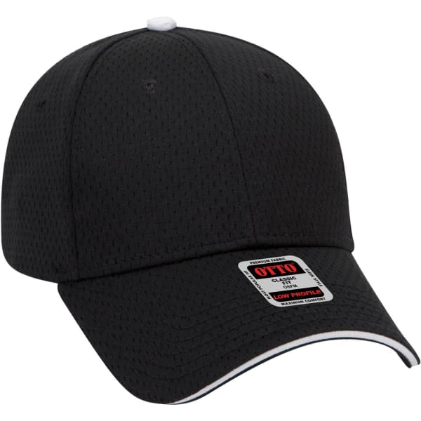 A black six-panel low profile baseball cap with a white button and contrasting trim, featuring a logo on the front.