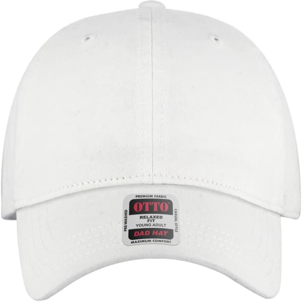 A white 6-panel low profile dad cap featuring a logo and a relaxed fit design.