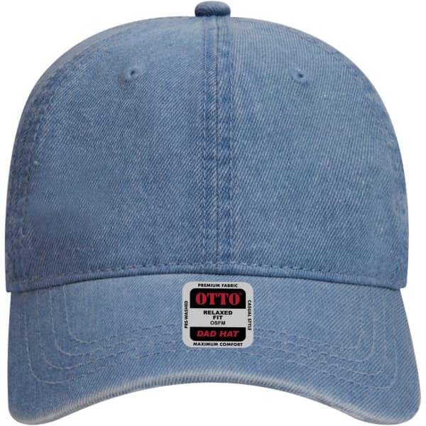A denim blue 6 Panel Low Profile Dad Cap with a curved brim and a branded label on the front.