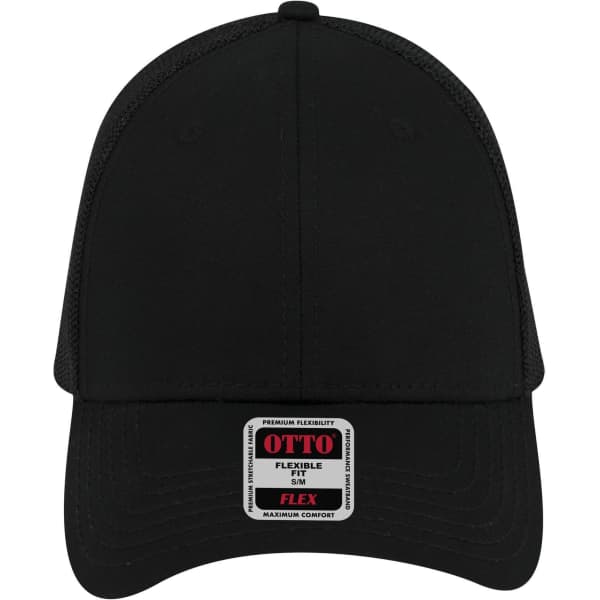 A black 6-panel low profile trucker cap with a logo on the front and mesh panels at the back.