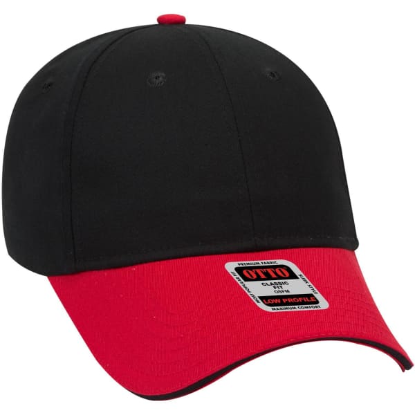 A black and red 6 panel low profile baseball cap with a logo on the front.