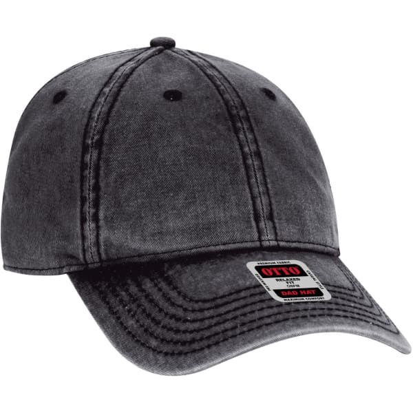 A grey 6-panel low profile dad cap with a curved brim and a logo on the side.