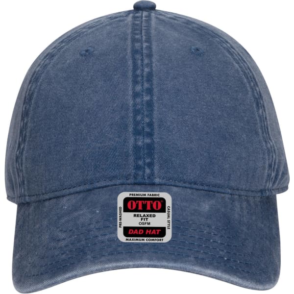 A blue 6 panel low profile dad cap featuring a logo patch on the front. Made from premium fabric for comfort.